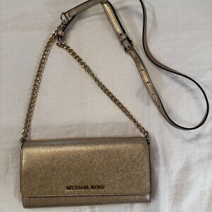 Michael Kors Gold Leather Jet Set Travel Wallet On Chain